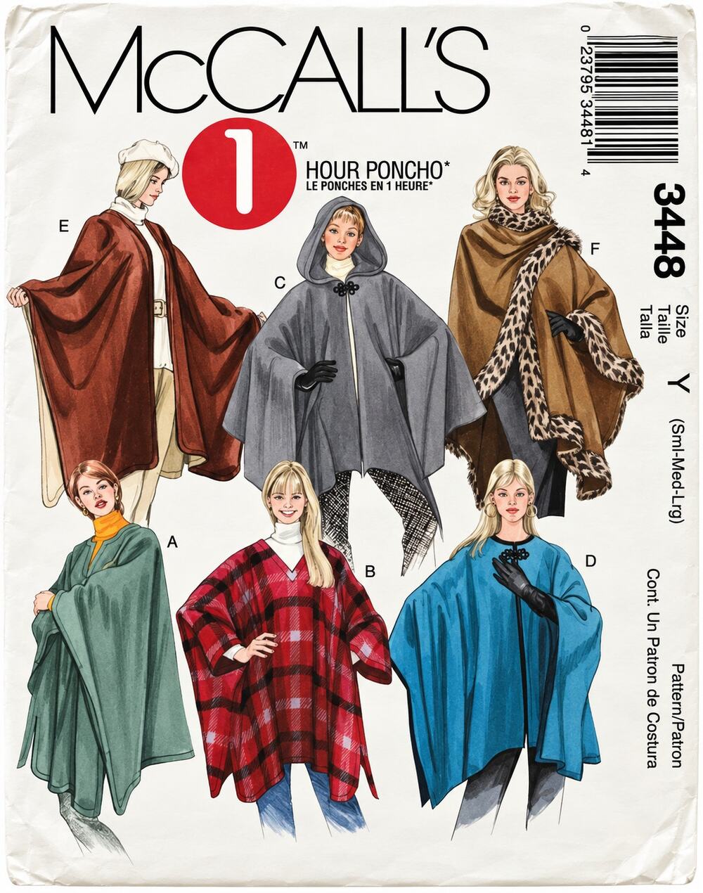 McCalls Sew Pattern 3448 Misses One Hour Ponchos Six Styles S-M-L, 8-18 UNCUT